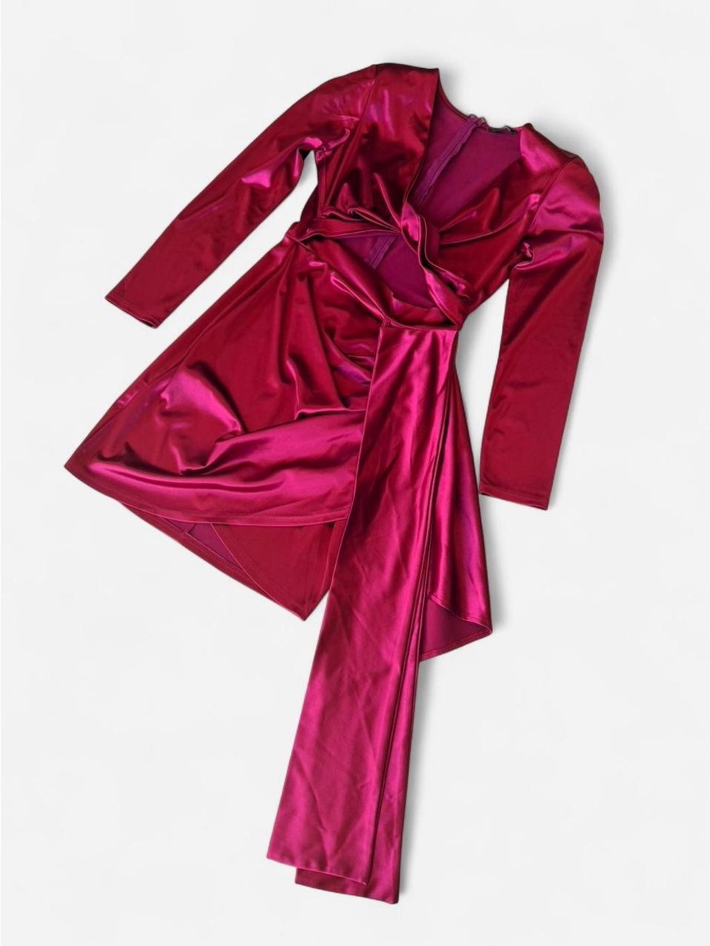 Fashion Nova Fuchsia Satin Long-Sleeve Wrap Mini Dress - Picture 2 of 7